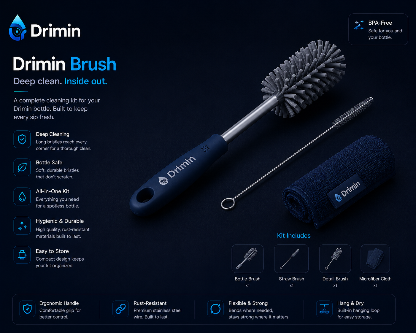 Drimin all-in-one bottle cleaning brush kit