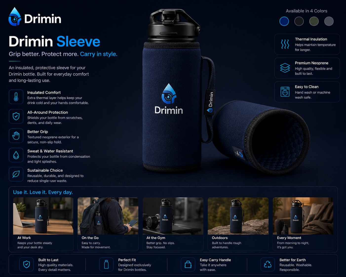 Drimin insulated neoprene bottle sleeve with carry handle
