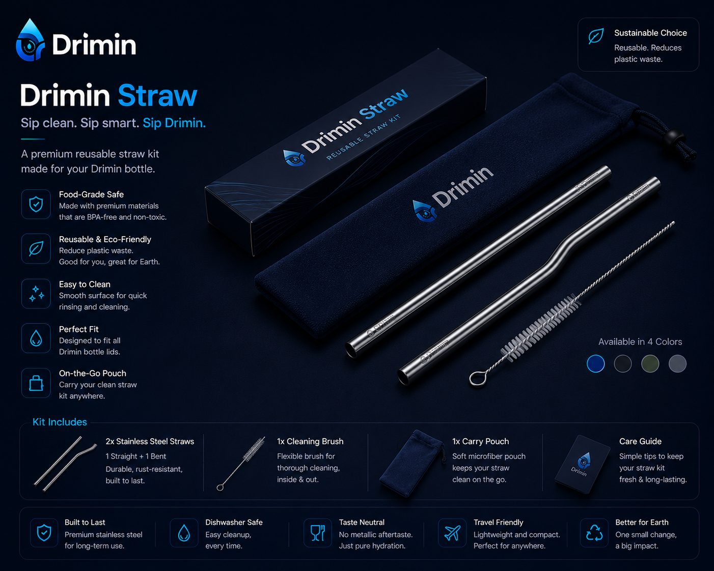 Drimin reusable stainless-steel straw kit with pouch and brush