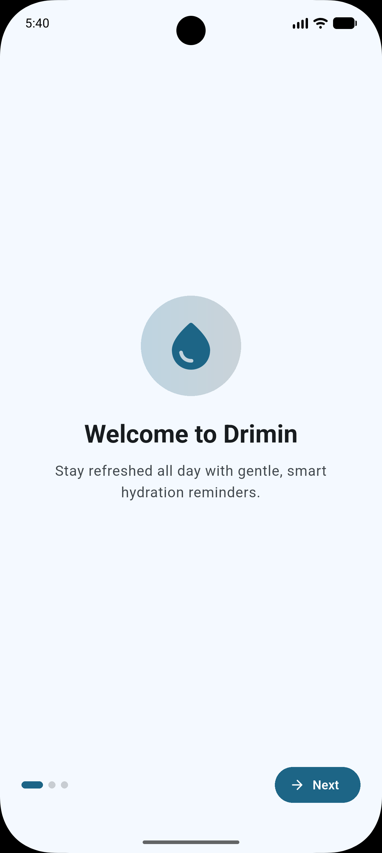Drimin onboarding screen welcoming a new user.